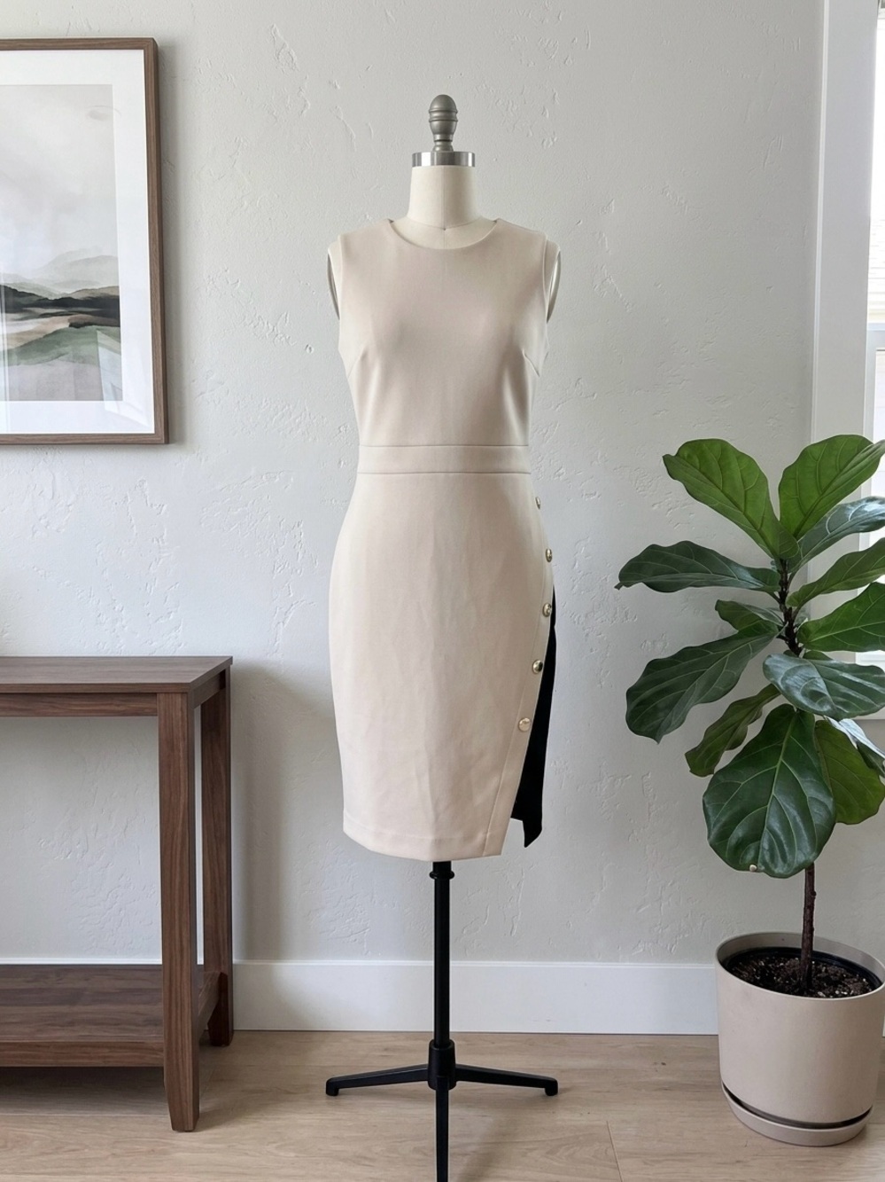 Andrew Marc Sleeveless Cream Sheath Dress with Side Button Accent
